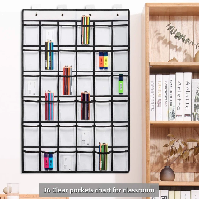 Alt view image 7 of 7 - 36 Clear Pockets Classroom Pocket Chart for Cell Phones, Pocket Chart for Calculator Phone Holder with 36 Number Stickers and Hooks (White)