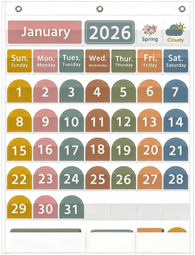 Main image of Large White Calendar Pocket Chart with Boho 96 Cards for Classroom, Size:32.25 x 24.13 inch Monthly Calendar and Weather Pocket Chart for Students Learning for Home or School(White)
