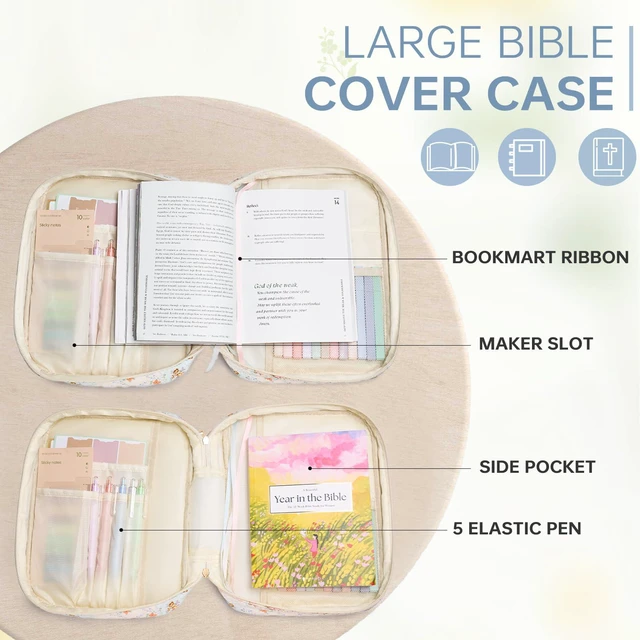 Alt view image 4 of 7 - Bible Bag Cover Case for Women Study Supplies Kit Church Book Holder Bible Study Supplies w/ Tabs Pens Portable Church Book Quilted Large Carrying Case Christian Gifts for Women Girls