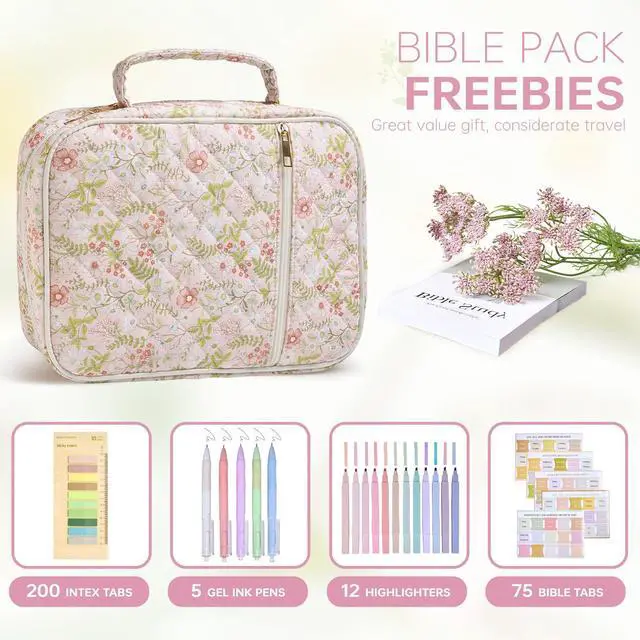 Alt view image 2 of 6 - Bible Bag Cover Case for Women Study Supplies Kit Church Book Holder Bible Study Supplies w/ Tabs Pens Portable Church Book Quilted Large Carrying Case Christian Gifts for Women Girls