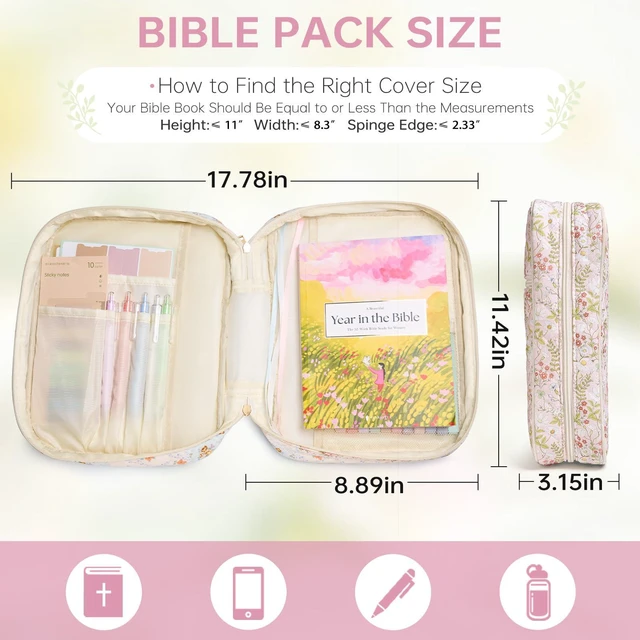 Alt view image 3 of 6 - Bible Bag Cover Case for Women Study Supplies Kit Church Book Holder Bible Study Supplies w/ Tabs Pens Portable Church Book Quilted Large Carrying Case Christian Gifts for Women Girls
