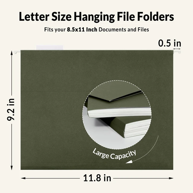 Alt view image 4 of 4 - Hanging File Folders, 100 Pack Reinforced Hang Folders Letter Size, Adjustable 1/5-Cut Tabs, Designed for Bulky Files, Filing Cabinet, Standard Green