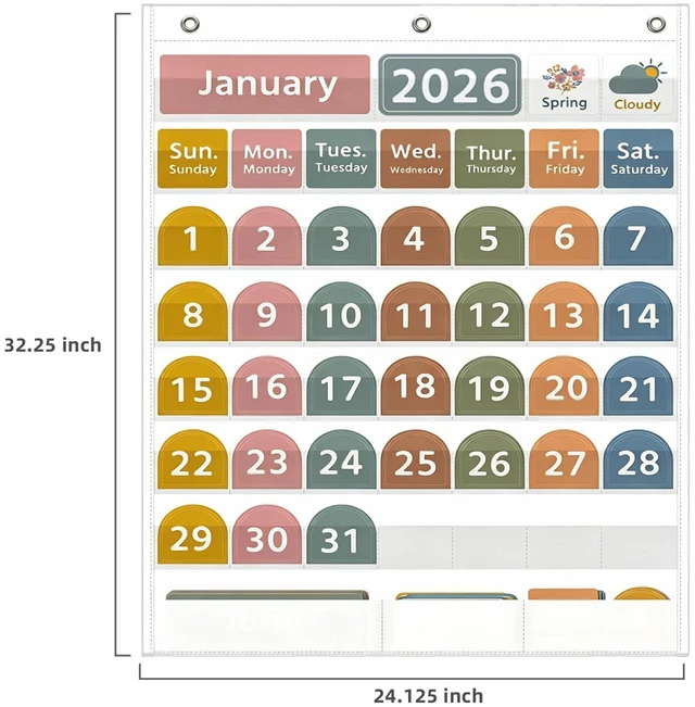 Alt view image 3 of 7 - Large White Calendar Pocket Chart with Boho 96 Cards for Classroom, Size:32.25 x 24.13 inch Monthly Calendar and Weather Pocket Chart for Students Learning for Home or School(White)