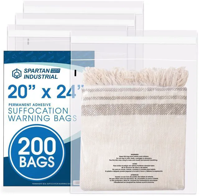Main image of 20" X 24" (200 Count) Self-Seal Clear Poly Bags With Suffocation Warning for Packaging, Bedding, Costumes - Permanent Adhesive