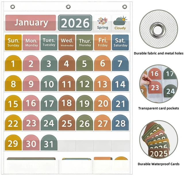 Alt view image 4 of 7 - Large White Calendar Pocket Chart with Boho 96 Cards for Classroom, Size:32.25 x 24.13 inch Monthly Calendar and Weather Pocket Chart for Students Learning for Home or School(White)