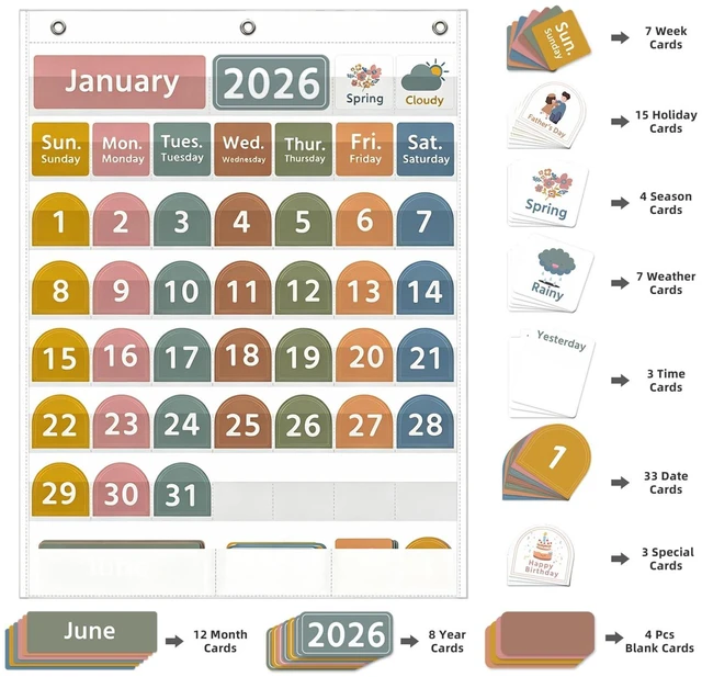 Alt view image 5 of 7 - Large White Calendar Pocket Chart with Boho 96 Cards for Classroom, Size:32.25 x 24.13 inch Monthly Calendar and Weather Pocket Chart for Students Learning for Home or School(White)