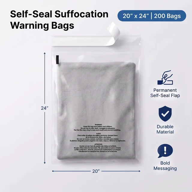 Alt view image 2 of 7 - 20" X 24" (200 Count) Self-Seal Clear Poly Bags With Suffocation Warning for Packaging, Bedding, Costumes - Permanent Adhesive