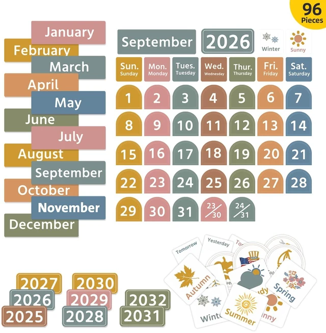 Alt view image 6 of 7 - Large White Calendar Pocket Chart with Boho 96 Cards for Classroom, Size:32.25 x 24.13 inch Monthly Calendar and Weather Pocket Chart for Students Learning for Home or School(White)