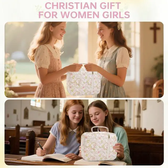 Alt view image 6 of 6 - Bible Bag Cover Case for Women Study Supplies Kit Church Book Holder Bible Study Supplies w/ Tabs Pens Portable Church Book Quilted Large Carrying Case Christian Gifts for Women Girls