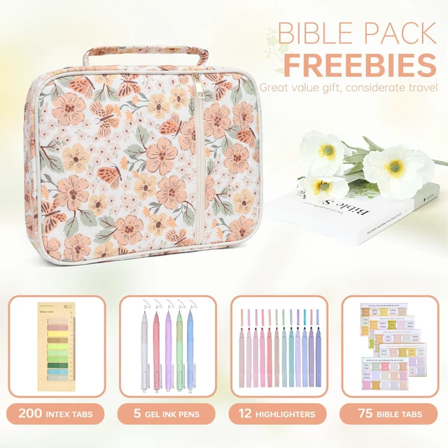 Alt view image 2 of 6 - Bible Bag Cover Case for Women Study Supplies Kit Church Book Holder Bible Study Supplies w/ Tabs Pens Portable Church Book Quilted Large Carrying Case Christian Gifts for Women Girls