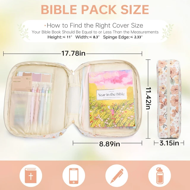 Alt view image 3 of 6 - Bible Bag Cover Case for Women Study Supplies Kit Church Book Holder Bible Study Supplies w/ Tabs Pens Portable Church Book Quilted Large Carrying Case Christian Gifts for Women Girls