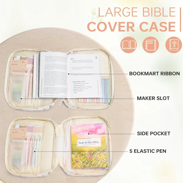 Alt view image 4 of 6 - Bible Bag Cover Case for Women Study Supplies Kit Church Book Holder Bible Study Supplies w/ Tabs Pens Portable Church Book Quilted Large Carrying Case Christian Gifts for Women Girls