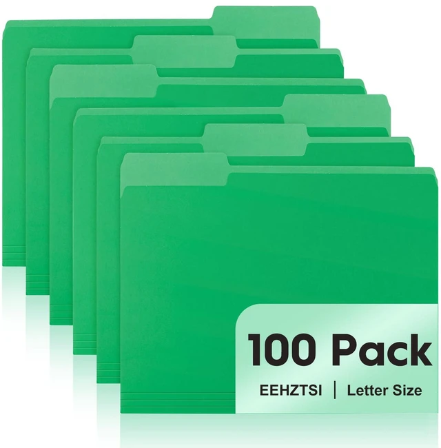 Main image of 100-Pack Color File Folders, 1/3 Cut Tab, Letter Size Manilla Folder for School/Office/Classroom, Green