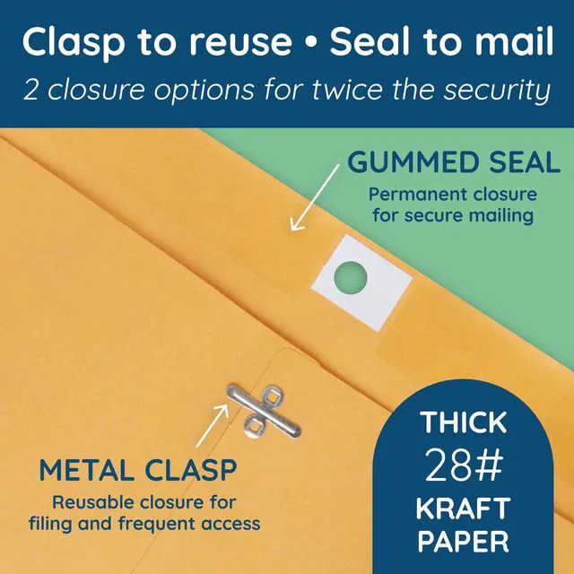 Alt view image 2 of 5 - 100 10" x 13" Kraft Clasp Envelopes, Gummed Seal 28lb Brown Kraft, Clasp and Gummed, Reusable, for Mailing Catalogs, Magazines, Documents, Large Papers