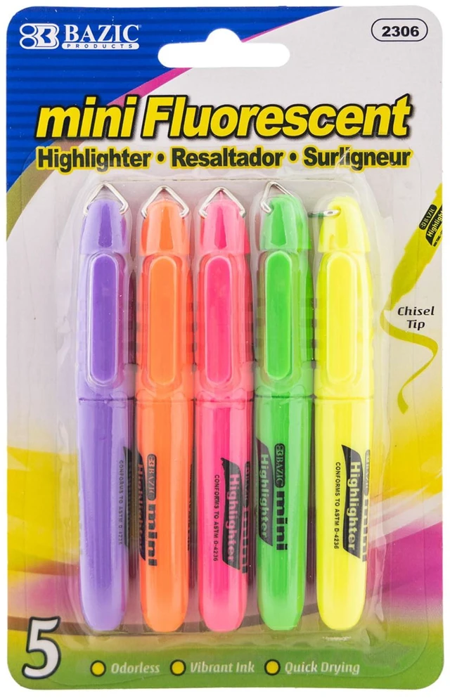 Main image of Mini Highlighters, Fluorescent, Chisel Tip, 5 Ct, 24-Box Quick-dry, Assorted fluorescent mini highlighters, Compact, Cap clip, Non-toxic, Odorless, Bulk pack