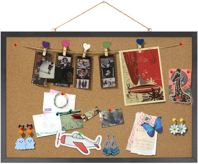 Main image of Small Cork Bulletin Board for Wall 23 x 15.7Inch Black Wood Frame Natural Corkboard, Office Home School Vision Board, Wall Mounted Photo Notice Display, Single Pack with Mounting Hardware