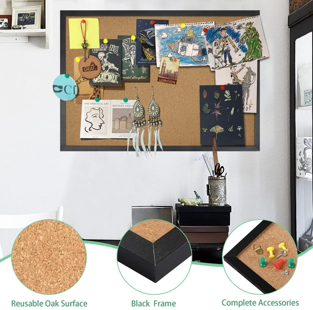 Alt view image 3 of 7 - Small Cork Bulletin Board for Wall 23 x 15.7Inch Black Wood Frame Natural Corkboard, Office Home School Vision Board, Wall Mounted Photo Notice Display, Single Pack with Mounting Hardware