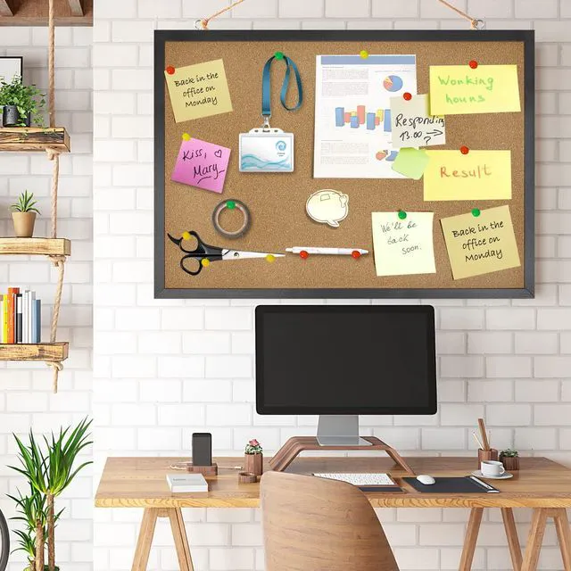 Alt view image 7 of 7 - Small Cork Bulletin Board for Wall 23 x 15.7Inch Black Wood Frame Natural Corkboard, Office Home School Vision Board, Wall Mounted Photo Notice Display, Single Pack with Mounting Hardware