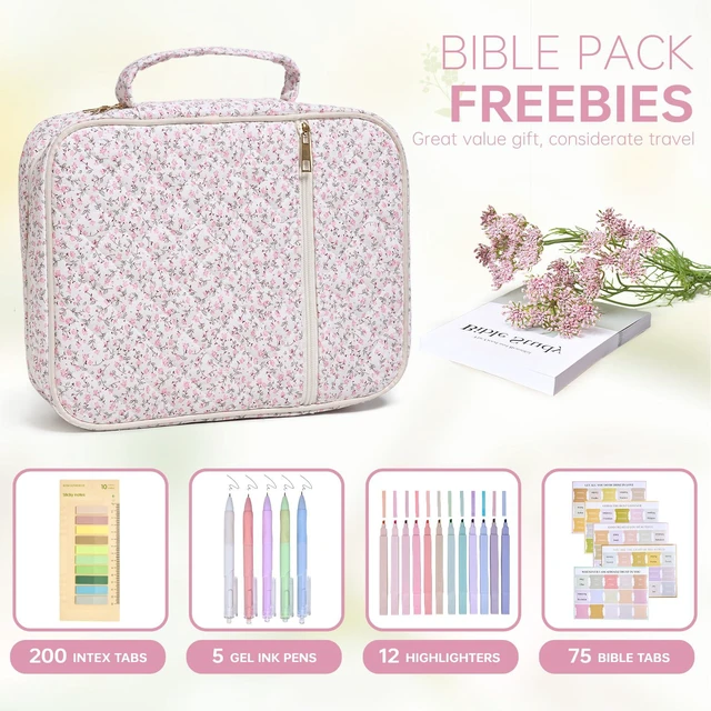 Alt view image 2 of 6 - Bible Bag Cover Case for Women Study Supplies Kit Church Book Holder Bible Study Supplies w/ Tabs Pens Portable Church Book Quilted Large Carrying Case Christian Gifts for Women Girls