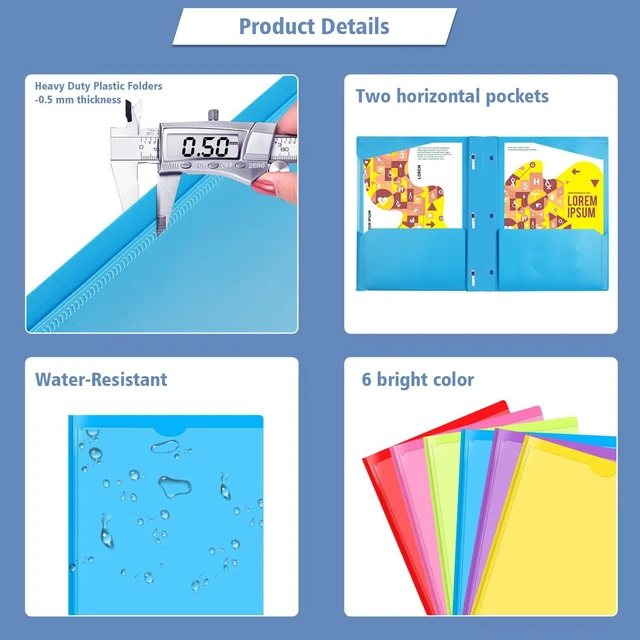 Alt view image 4 of 6 - Heavy Duty Plastic Pocket Folder with Prongs and Clear Front Pocket - 18 Pack, 3 Prong Folders with Pockets and Card Slot, Assorted Colors