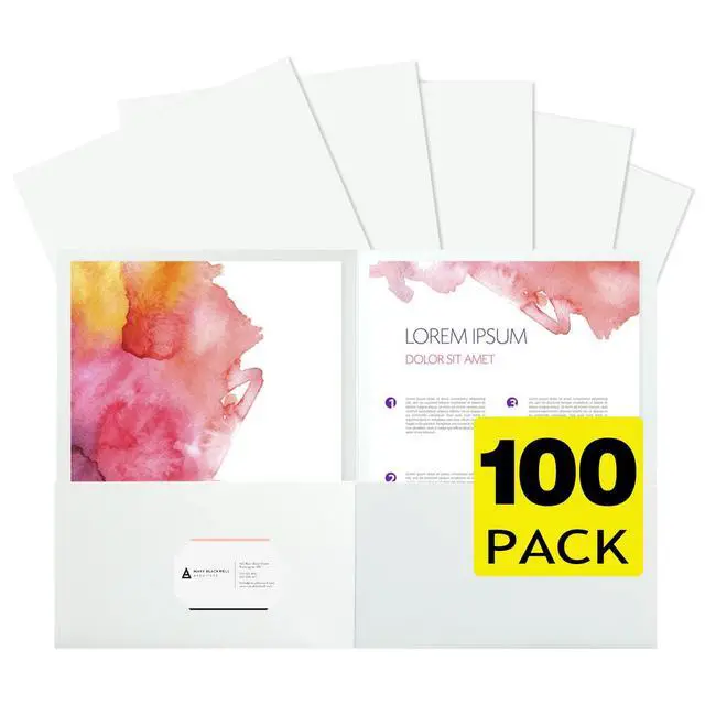 Main image of 100Pcs White Folders with Pockets and Business Card Holder,2 Pocket Folders for School,Home or Office,Durable Heavy Duty File Folders