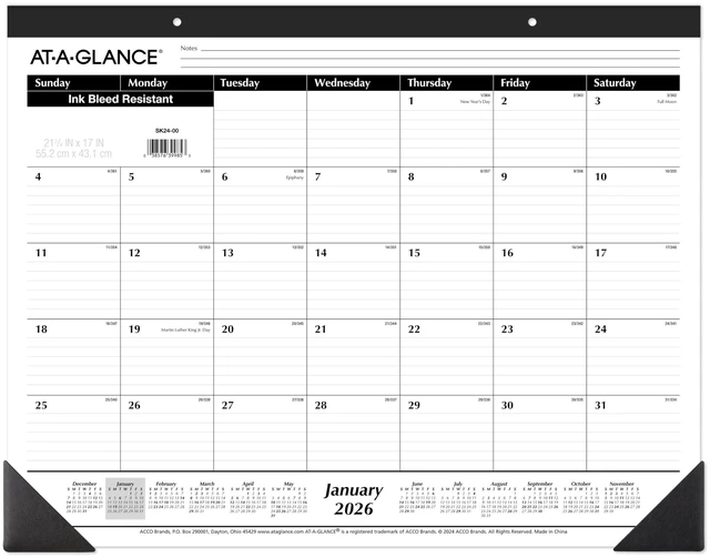 Main image of 2026 Desk Calendar, Monthly, Desk Pad, 21-3/4" x 17", Large, Ruled Blocks (SK240026), White