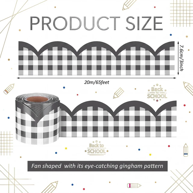 Alt view image 2 of 6 - 65ft Black and White Gingham Bulletin Board Border,3 inch Scalloped Edge Trim for Classroom Walls, Whiteboards, Desks, Windows, Doors, Lockers, Back to School Decoration Supplies