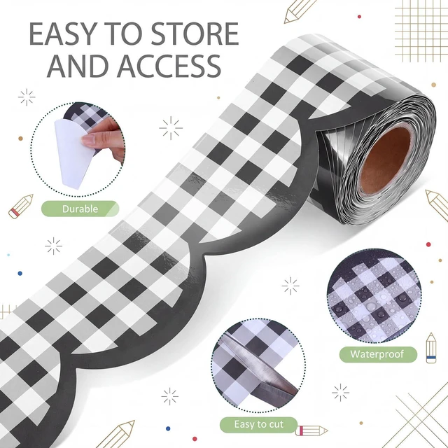 Alt view image 3 of 6 - 65ft Black and White Gingham Bulletin Board Border,3 inch Scalloped Edge Trim for Classroom Walls, Whiteboards, Desks, Windows, Doors, Lockers, Back to School Decoration Supplies