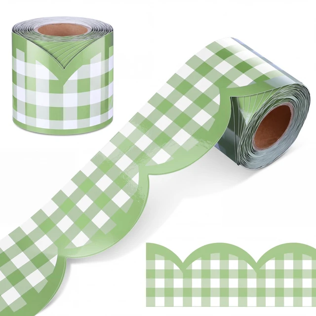 Main image of 65ft Sage Green Gingham Bulletin Board Border Scalloped 3 Inches Scalloped Edge Trim for Classroom Walls, Whiteboards, Desks, Windows, Doors, Lockers, Back to School Decoration Supplies