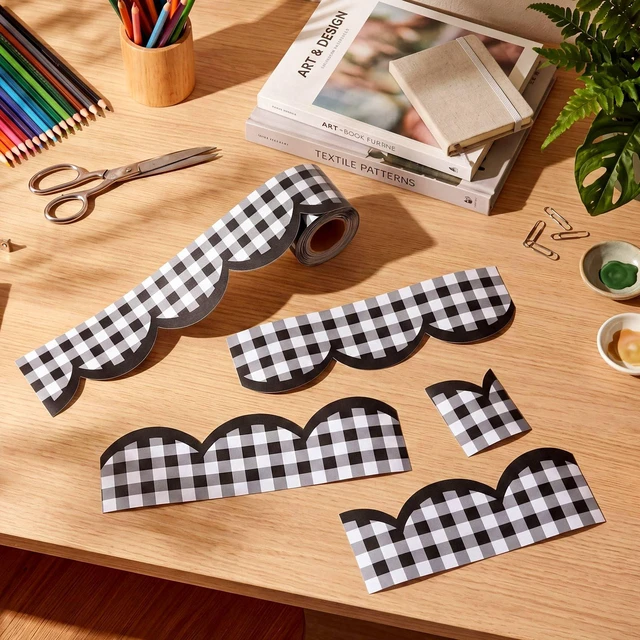 Alt view image 4 of 6 - 65ft Black and White Gingham Bulletin Board Border,3 inch Scalloped Edge Trim for Classroom Walls, Whiteboards, Desks, Windows, Doors, Lockers, Back to School Decoration Supplies