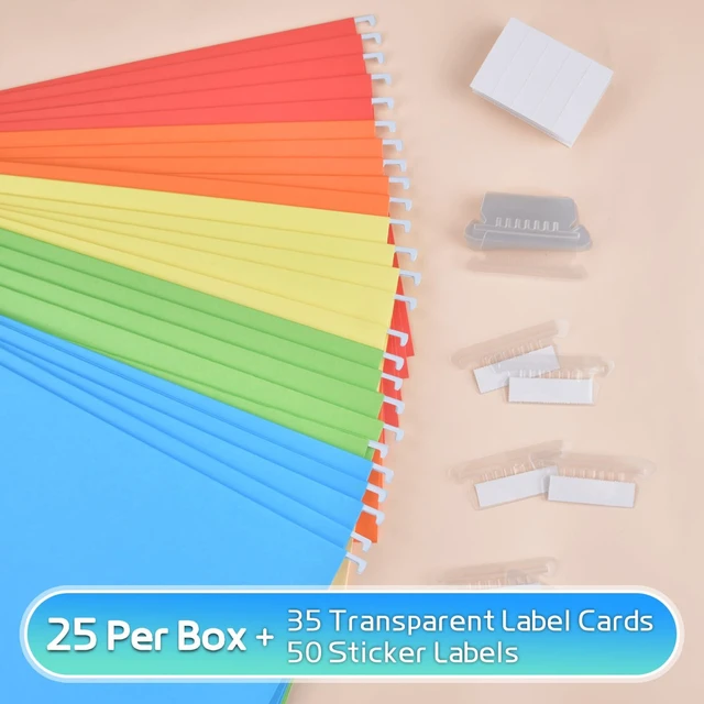 Alt view image 2 of 7 - 25-Pack Assorted Hanging File Folders,Letter Size with 35 Transparent Label Cards,50 Sticker Labels,1/5-Cut TabsHome Office & Filing Cabinets
