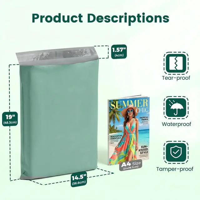 Alt view image 2 of 7 - Bulk Poly Mailers 14.5x19 400 Pack, Self Seal Large Shipping Bags Heavy Duty Thick Waterproof Tear-resistant Mailing Envelopes, Packaging Bags for Clothing, Small Business, Grayed Jade Green
