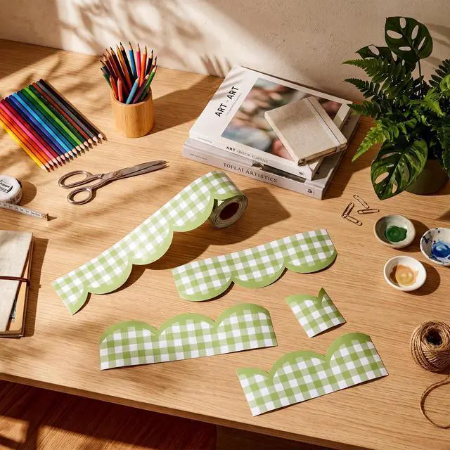 Alt view image 4 of 6 - 65ft Sage Green Gingham Bulletin Board Border Scalloped 3 Inches Scalloped Edge Trim for Classroom Walls, Whiteboards, Desks, Windows, Doors, Lockers, Back to School Decoration Supplies