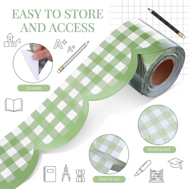 Alt view image 3 of 6 - 65ft Sage Green Gingham Bulletin Board Border Scalloped 3 Inches Scalloped Edge Trim for Classroom Walls, Whiteboards, Desks, Windows, Doors, Lockers, Back to School Decoration Supplies