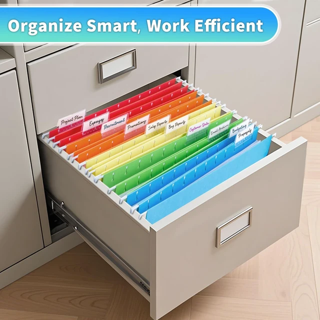 Alt view image 5 of 7 - 25-Pack Assorted Hanging File Folders,Letter Size with 35 Transparent Label Cards,50 Sticker Labels,1/5-Cut TabsHome Office & Filing Cabinets
