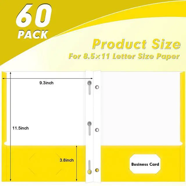 Alt view image 2 of 7 - 60 Pack Two Pocket Paper Folders with Prongs, Letter Size (Yellow) 3 Prong Folders with Pockets, Paper, 3 Hole Punched, For School, Office, Home, Business