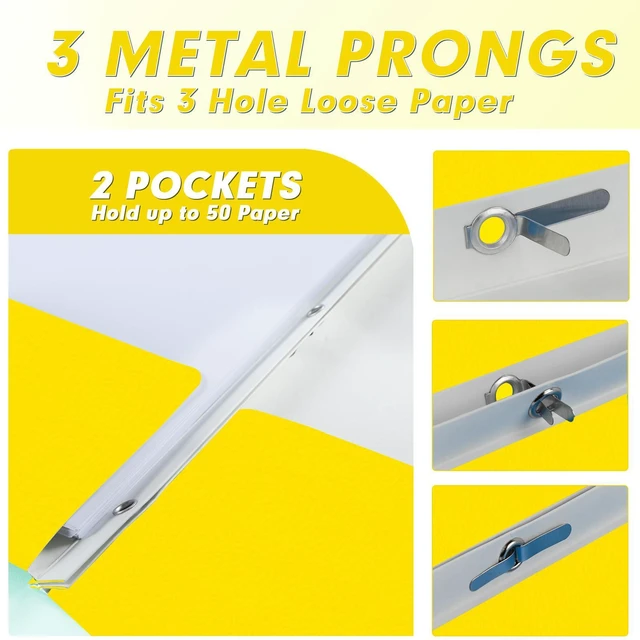 Alt view image 4 of 7 - 60 Pack Two Pocket Paper Folders with Prongs, Letter Size (Yellow) 3 Prong Folders with Pockets, Paper, 3 Hole Punched, For School, Office, Home, Business