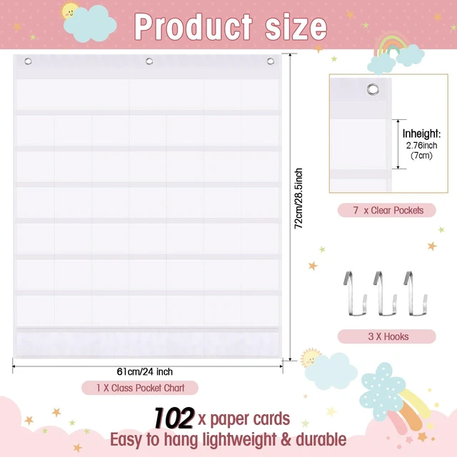 Alt view image 2 of 7 - Classroom Calendar Pocket Chart, White Pastel, Months Days Dates Back to School Bulletin Board Decor, Seasons Weather Cards, Transparent Pockets for Date Organization, Pastel Learning