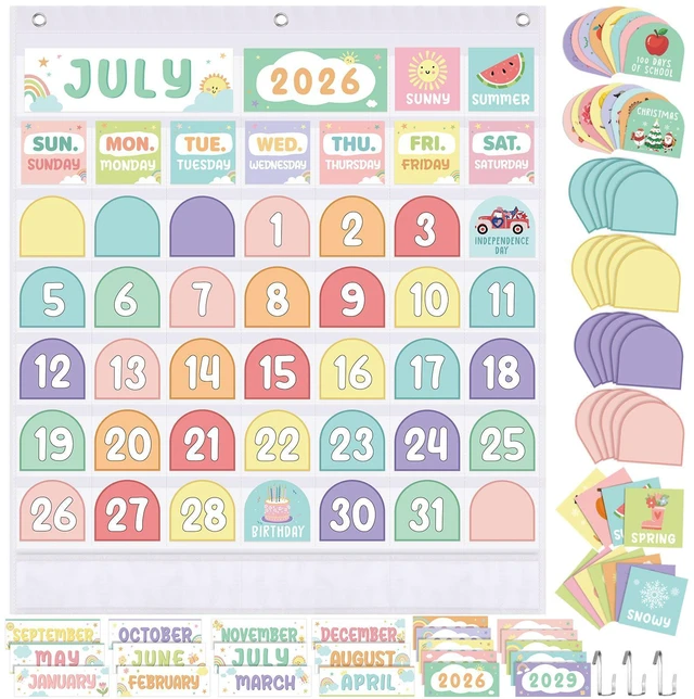 Main image of Classroom Calendar Pocket Chart, White Pastel, Months Days Dates Back to School Bulletin Board Decor, Seasons Weather Cards, Transparent Pockets for Date Organization, Pastel Learning