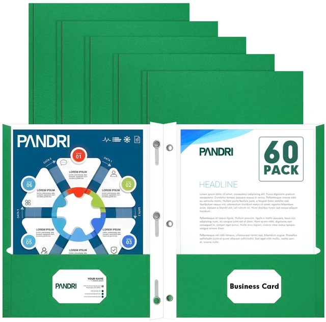 Main image of 60 Pack Two Pocket Paper Folders with Prongs, Letter Size (Green) 3 Prong Folders with Pockets, Paper, 3 Hole Punched, For School, Office, Home, Business