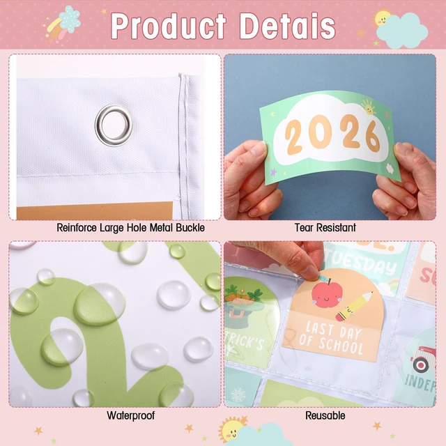Alt view image 3 of 7 - Classroom Calendar Pocket Chart, White Pastel, Months Days Dates Back to School Bulletin Board Decor, Seasons Weather Cards, Transparent Pockets for Date Organization, Pastel Learning