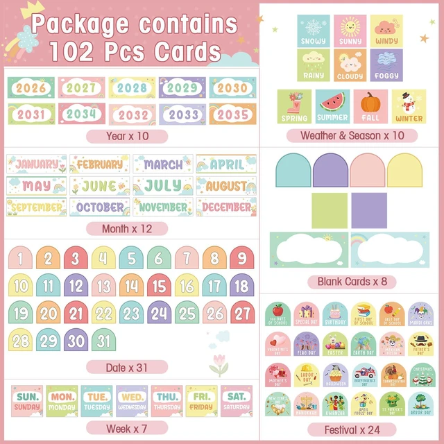Alt view image 4 of 7 - Classroom Calendar Pocket Chart, White Pastel, Months Days Dates Back to School Bulletin Board Decor, Seasons Weather Cards, Transparent Pockets for Date Organization, Pastel Learning