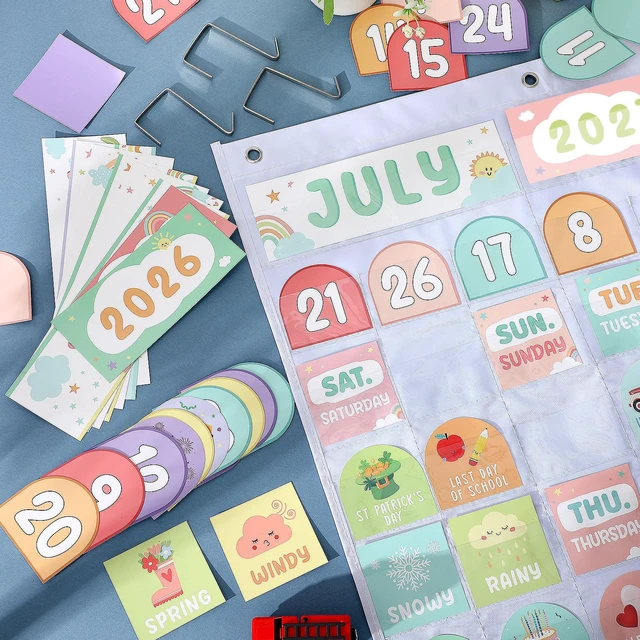 Alt view image 5 of 7 - Classroom Calendar Pocket Chart, White Pastel, Months Days Dates Back to School Bulletin Board Decor, Seasons Weather Cards, Transparent Pockets for Date Organization, Pastel Learning