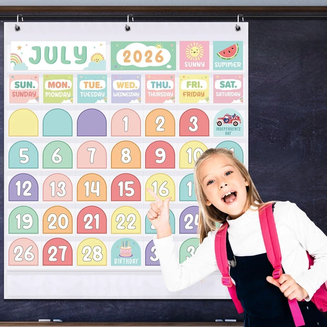 Alt view image 7 of 7 - Classroom Calendar Pocket Chart, White Pastel, Months Days Dates Back to School Bulletin Board Decor, Seasons Weather Cards, Transparent Pockets for Date Organization, Pastel Learning
