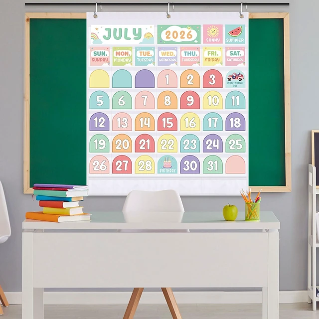 Alt view image 6 of 7 - Classroom Calendar Pocket Chart, White Pastel, Months Days Dates Back to School Bulletin Board Decor, Seasons Weather Cards, Transparent Pockets for Date Organization, Pastel Learning