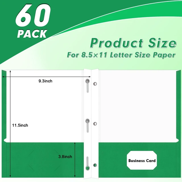 Alt view image 2 of 7 - 60 Pack Two Pocket Paper Folders with Prongs, Letter Size (Green) 3 Prong Folders with Pockets, Paper, 3 Hole Punched, For School, Office, Home, Business