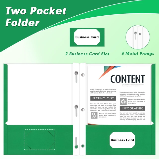 Alt view image 3 of 7 - 60 Pack Two Pocket Paper Folders with Prongs, Letter Size (Green) 3 Prong Folders with Pockets, Paper, 3 Hole Punched, For School, Office, Home, Business