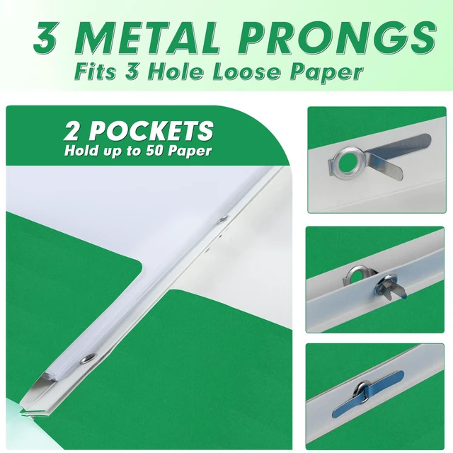 Alt view image 4 of 7 - 60 Pack Two Pocket Paper Folders with Prongs, Letter Size (Green) 3 Prong Folders with Pockets, Paper, 3 Hole Punched, For School, Office, Home, Business