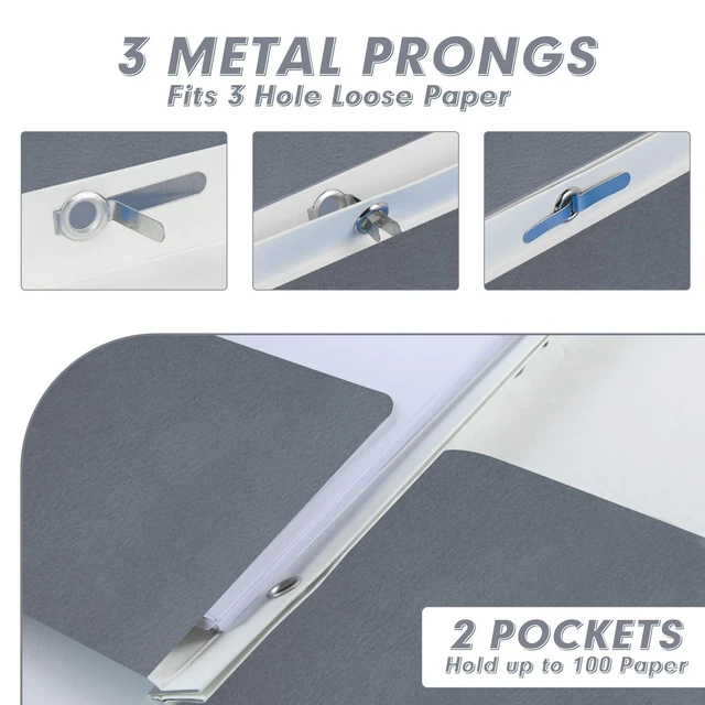 Alt view image 3 of 7 - 60 Pack Two Pocket Paper Folders with Prongs, Letter Size (Grey) 3 Prong Folders with Pockets, Paper, 3 Hole Punched, For School, Office, Home, Business
