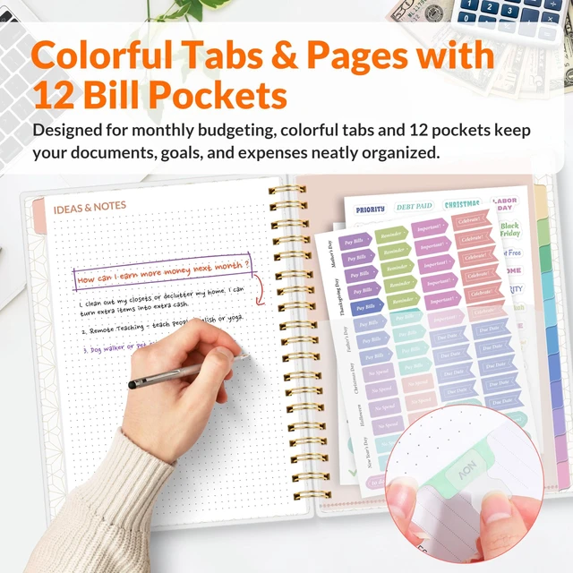 Alt view image 7 of 7 - Budget Planner - Deluxe Monthly Budget Book with 12-Pockets for Bill Organizer, Undated 12 Month Expense Tracker Notebook & Account Book B5 Size (8" x 10") to Manage Your Finance Planner, Green